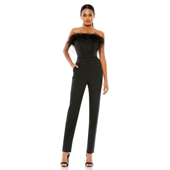 NWT Mac Duggal Feather Neck Strapless Jumpsuit - size 2 - Picture 1 of 7